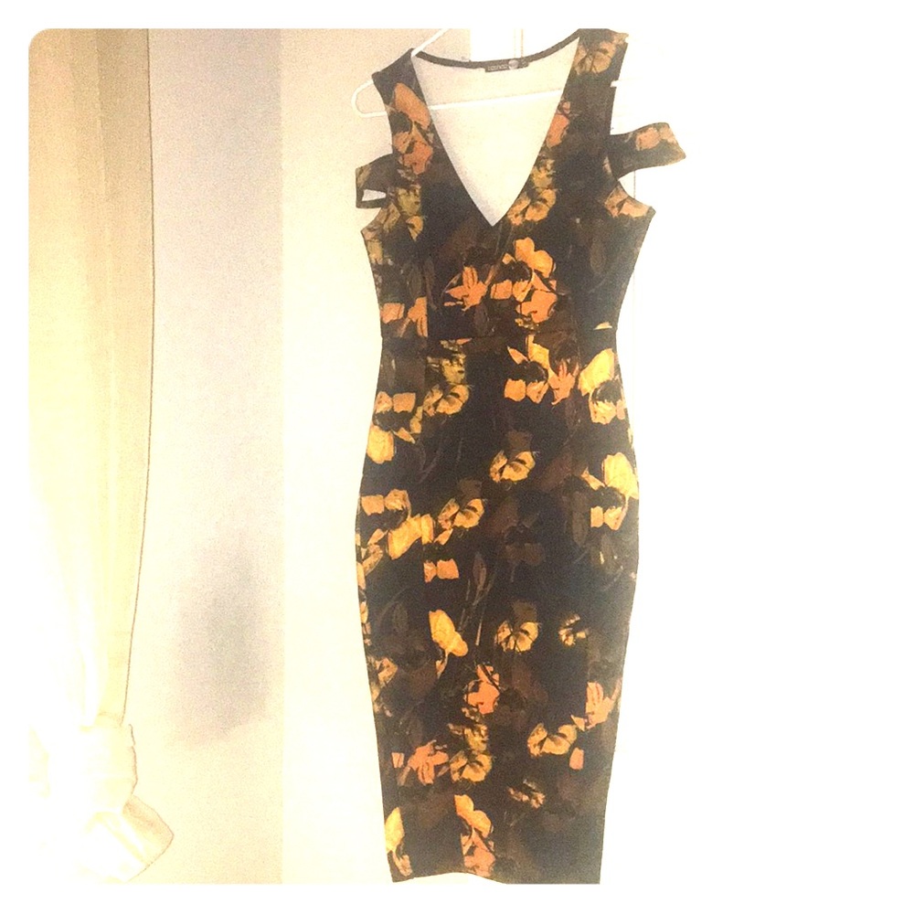 Boohoo navy blue and yellow scuba midi dress